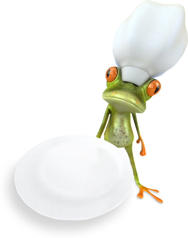 Illustration eines servierenden Froschs als Koch - Sliderelement der Seite Schätze
